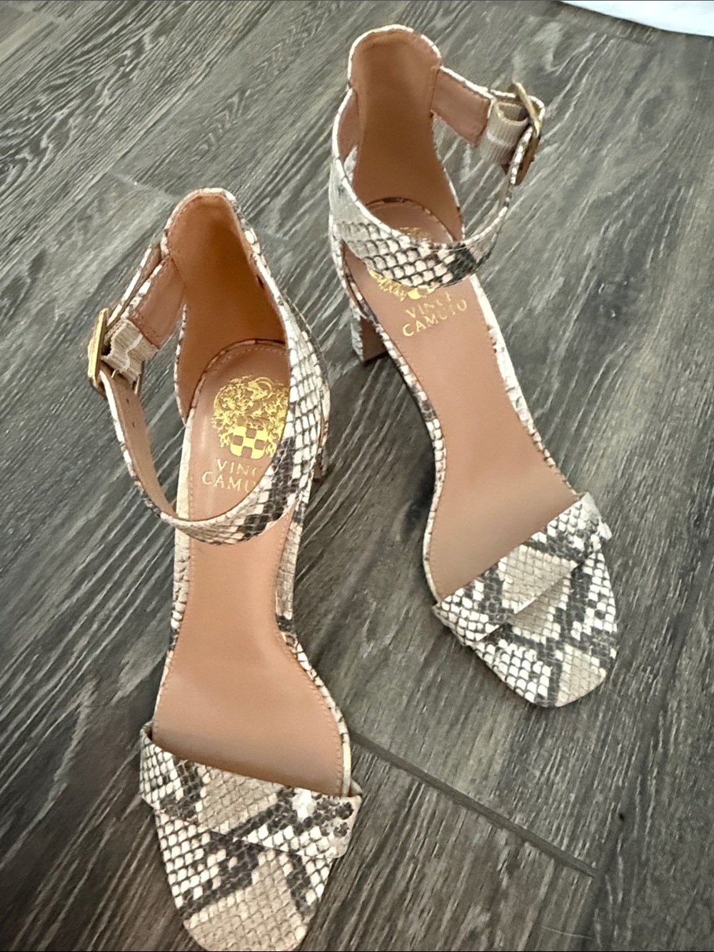 Vince Camuto Snake-Print Ankle-Strap Heels in Beige and Black
